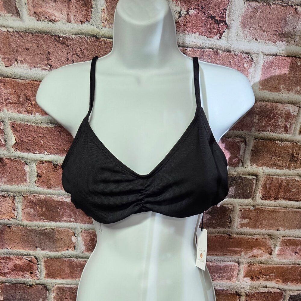 Shade & Shore Black Bikini Bralette Large Ribbed Shirred V Neck Adjustable Strap